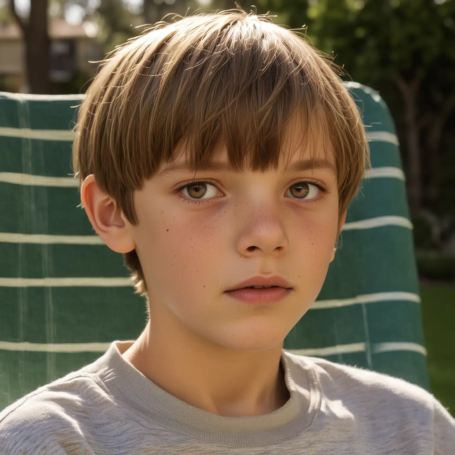 Hyper Realistic Portrait of ElevenYearOld Boy Sitting in Lawn Chair