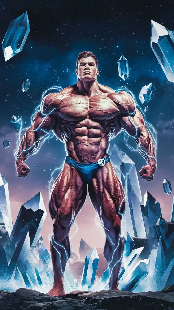 In a crystal fortress. A powerfully muscled, hugely ripped, pumped, superhuman bodybuilder stands triumphantly as his mighty body is inundated with luminous blue superpower. Becoming a superhero. 19 years old. Photorealistic.