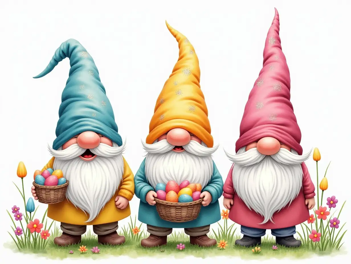 Watercolor, Simple lines. Three playful Easter gnomes with colorful, glittery hats, standing in a vibrant garden filled with blooming flowers. Each gnome holds a basket overflowing with brightly colored eggs. The overall style is detailed and whimsical, with a focus on the joy and excitement of the holiday season. High Resolution, Detail, Clear Tones. realistic style.