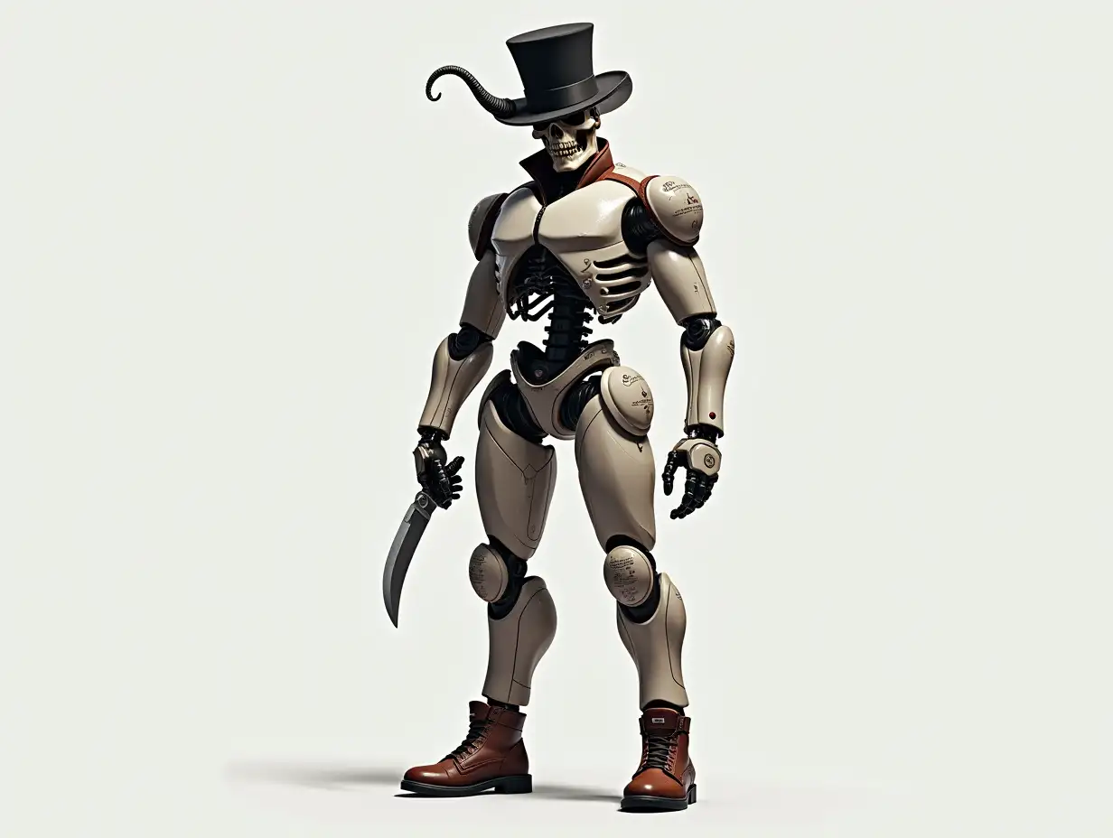 Create a high-resolution, realistic image of a robot with a skeleton body, brown leather shoes, a head wearing a modern tracksuit and holding a knife in one hand, a top hat on its head, and a horn in 4K resolution.