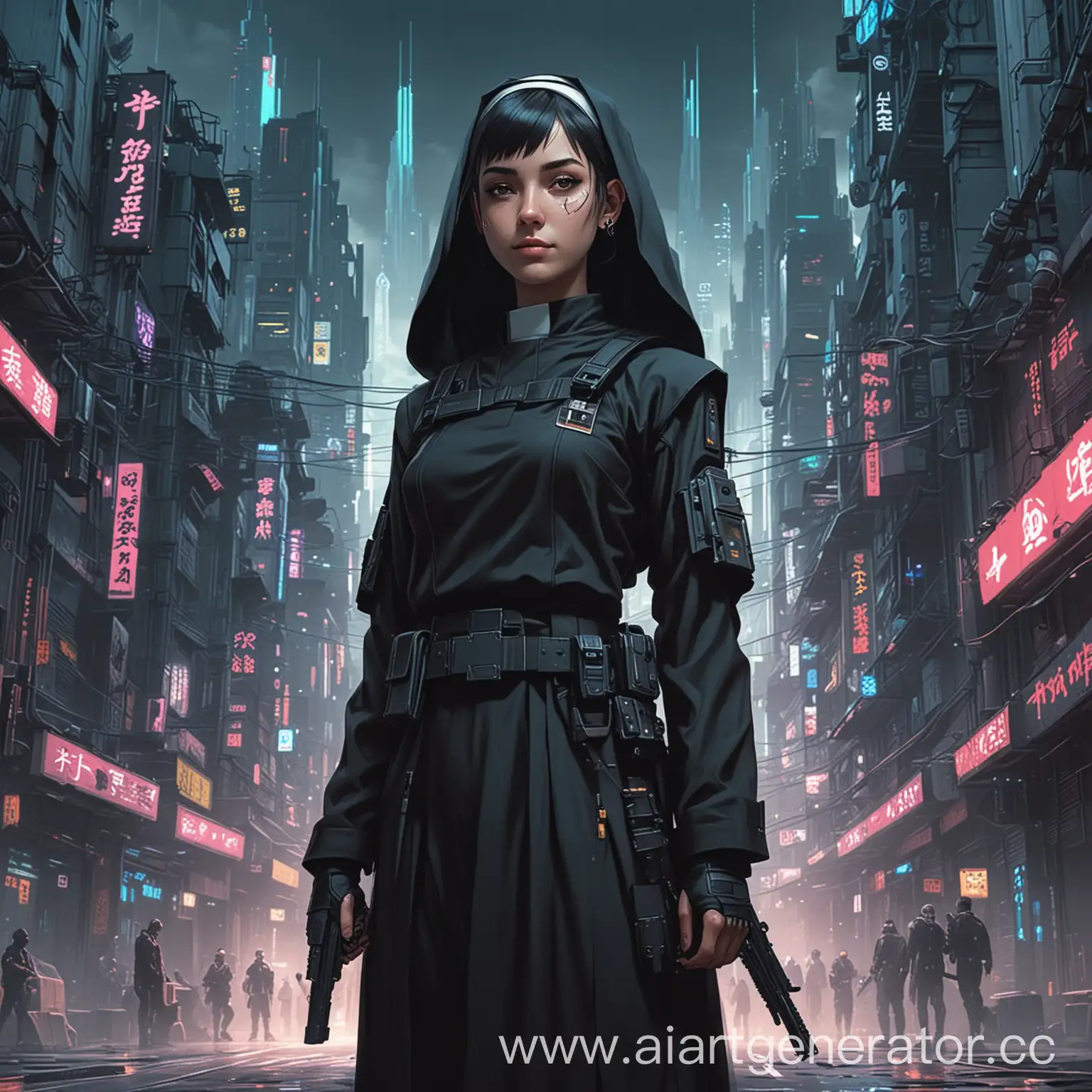 Kindfaced-Nun-in-Cyberpunk-City-with-Pistol