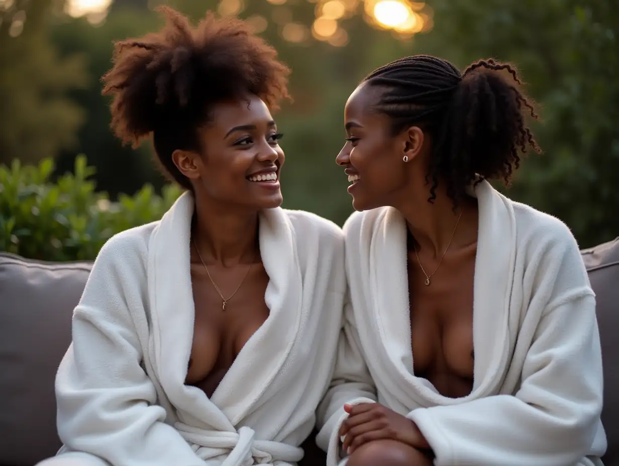 Two-Young-African-Student-Women-Flirting-on-Sofa-in-Garden-at-Evening