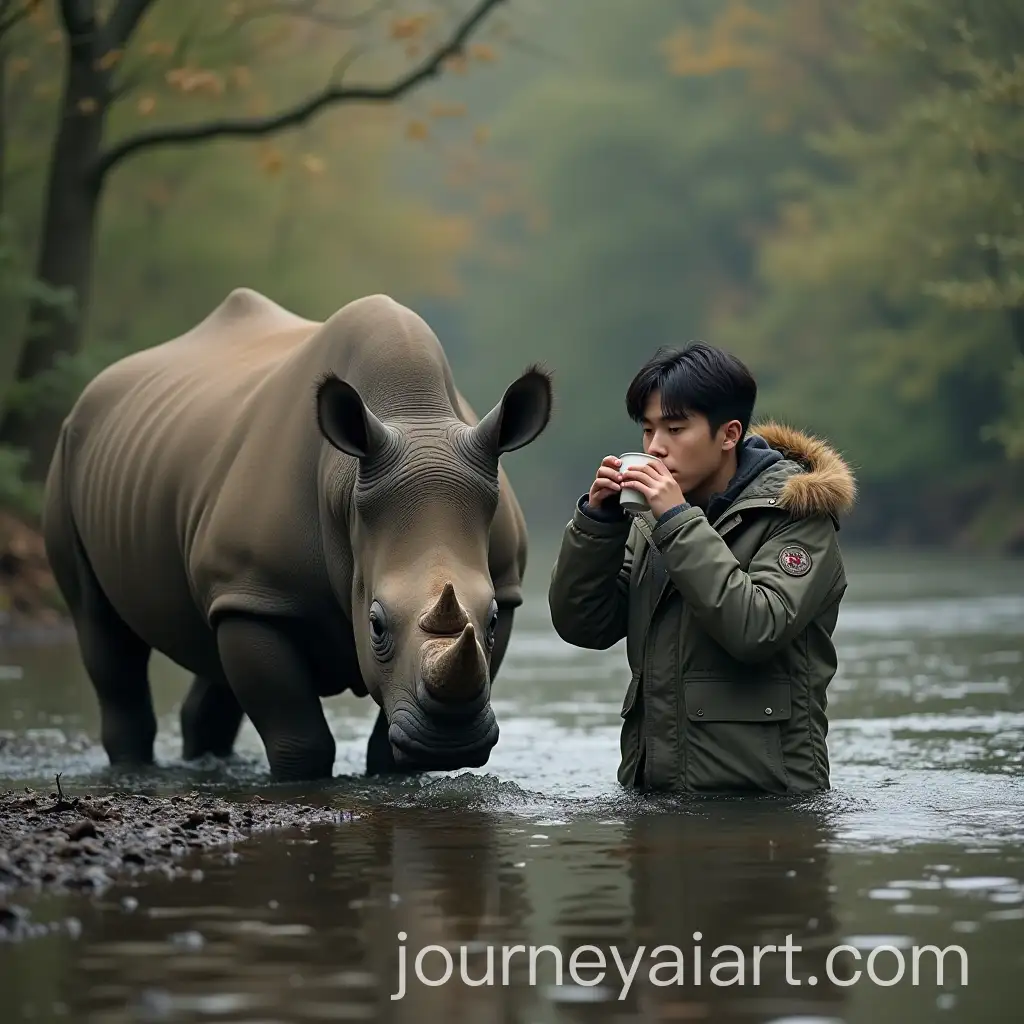 Korean-Man-in-Parka-Jacket-Drinking-Coffee-by-Forest-River-with-Rhino