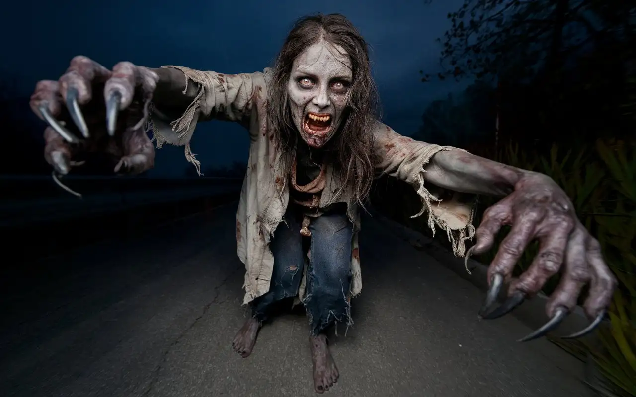 Rotten-Zombie-Woman-Pursuing-Prey-in-the-Dark-of-Night