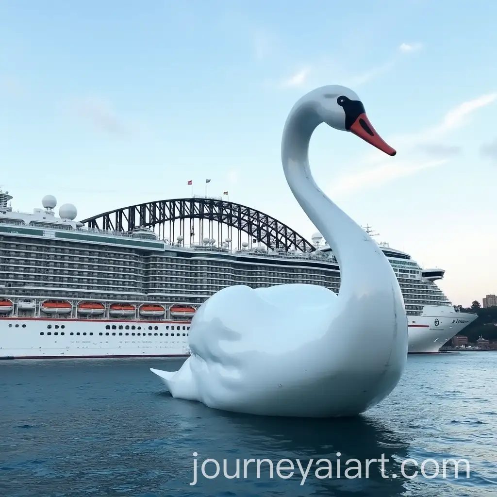 Cruise-Ship-in-Sydney-Harbour-with-Giant-Swan-Mascot