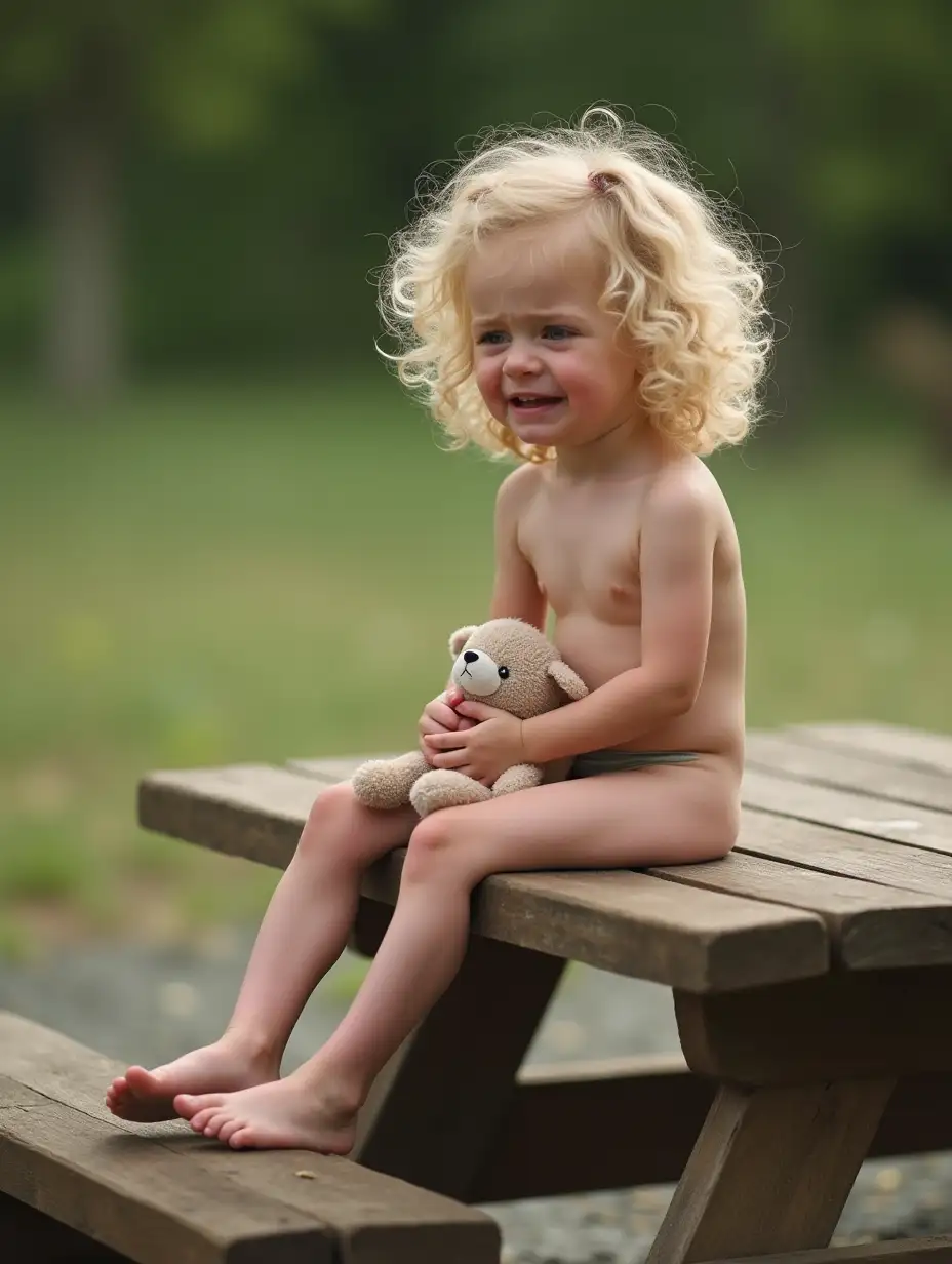 Sad-Little-Girl-Sitting-on-Picnic-Table-Holding-Stuffed-Animal