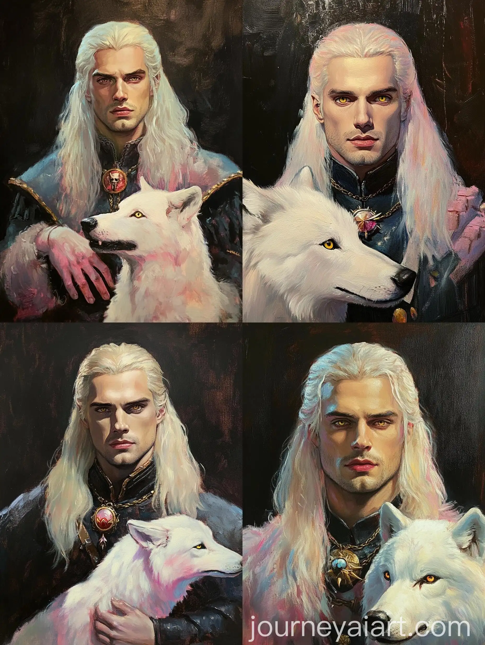 Oil-Painting-Portrait-of-Henry-Cavill-as-Witcher-with-Bright-White-Wolf