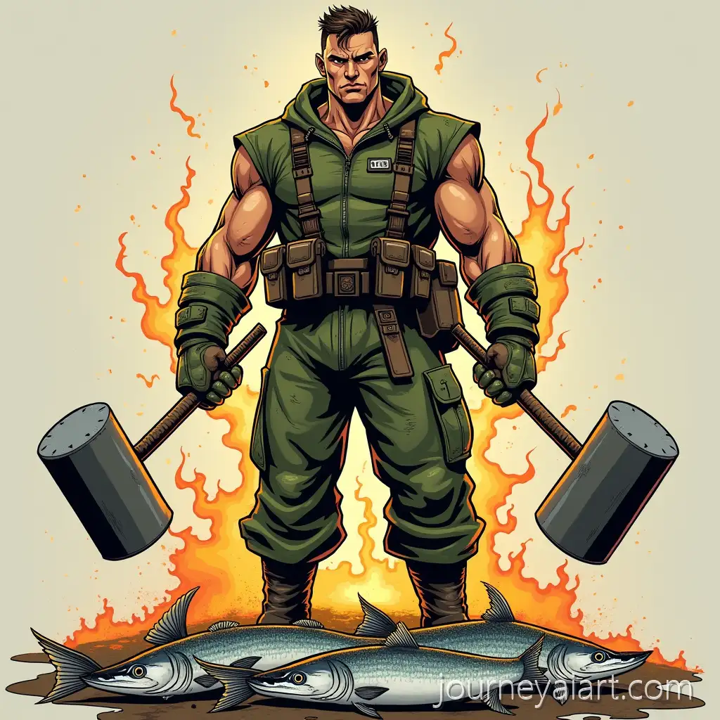 Muscular-Hero-with-Hammer-Hands-in-Hunter-Camouflage-Standing-on-Pike-Fish-Amid-Fiery-Metal-Sparks