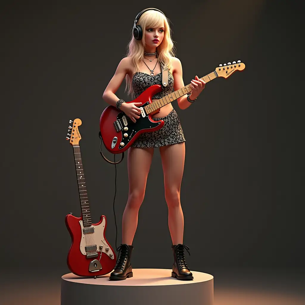 ultradetailed hyperrealistic photo a woman long blonde hair with red and white short pants, watch, headphones playing on an electric guitar, leather boots black and white patterned mini skirt and sapphire necklace stands on a podium and an electric guitar leans on the podium with beautiful shoes impeccable attention to texture, surfaces and lighting, to give depth, dimension and a photorealistic appearance.