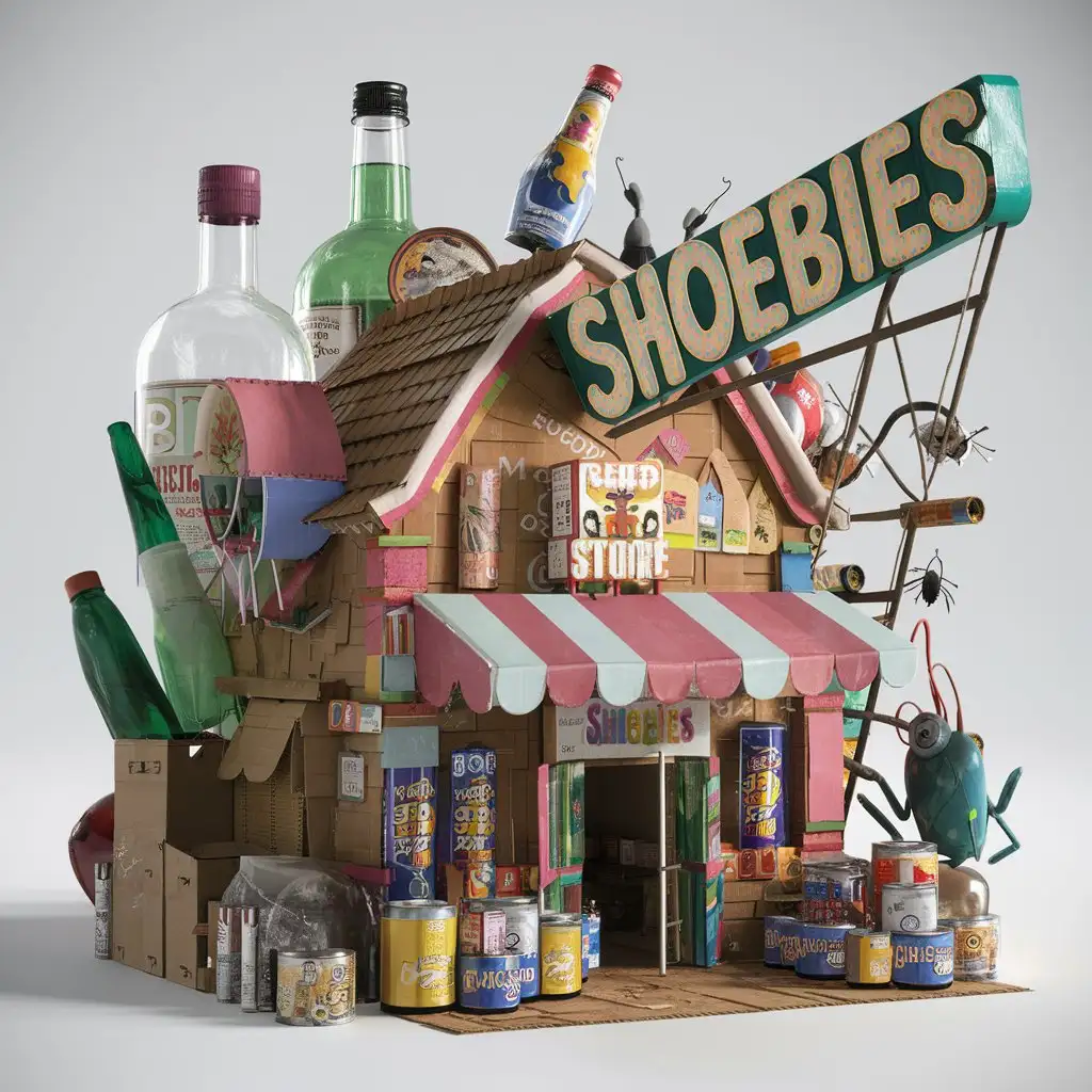 Whimsical Miniature Cityscape Constructed from Recycled Materials with Neon Shoebies Sign