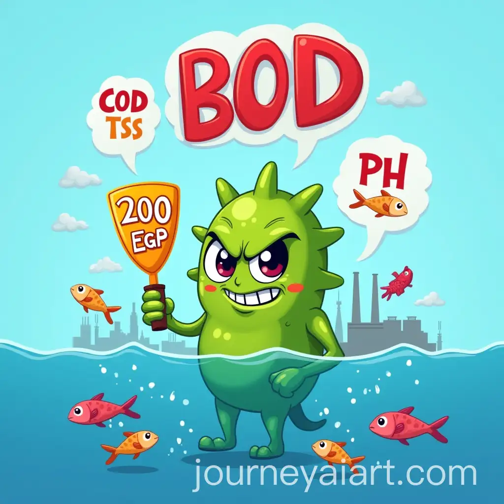 CartoonAI-Art-Prompt-Expansion-Germ-Character-with-BOD-COD-TSS-and-pH-Elements-Representing-Environmental-Concerns