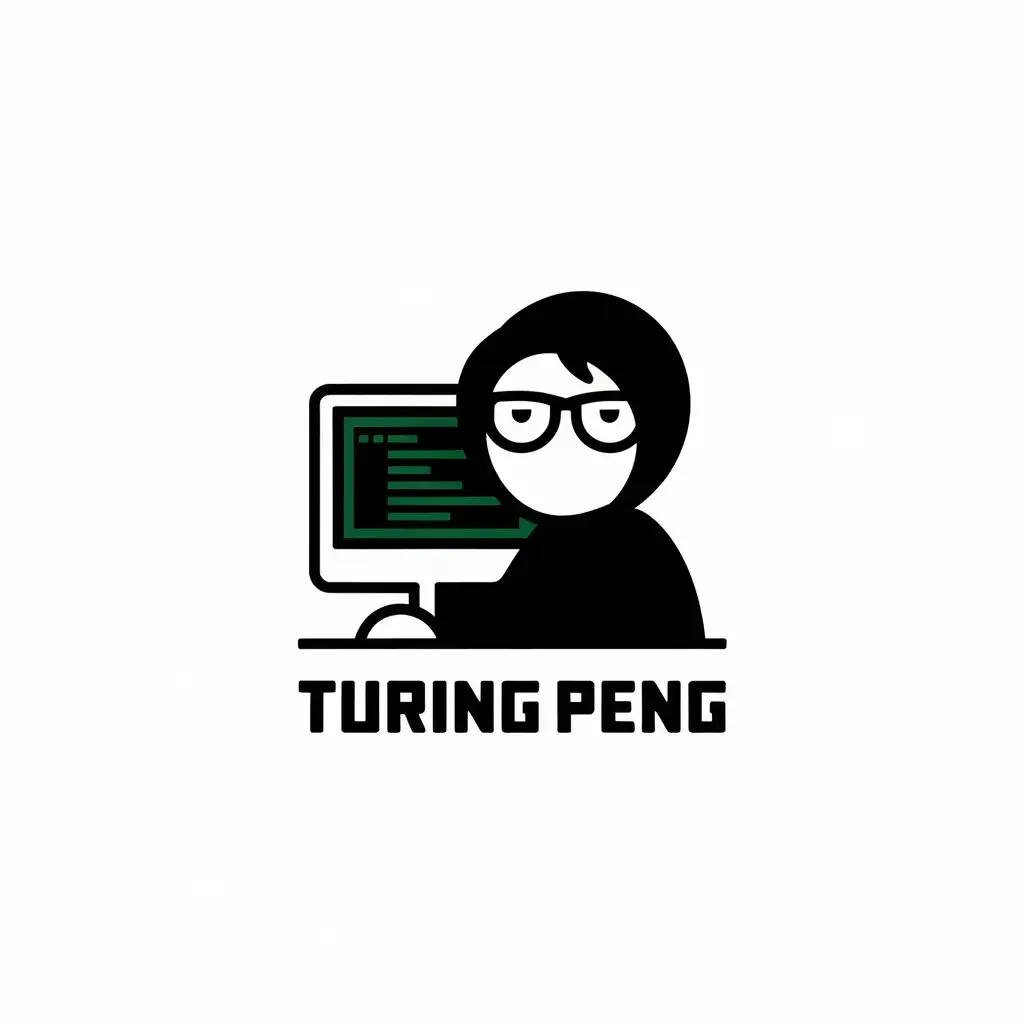 a vector logo design,with the text "TURING PENG", main symbol:Programmer, black and white, minimalistic, computer, young person,Moderate,be used in Technology industry,clear background