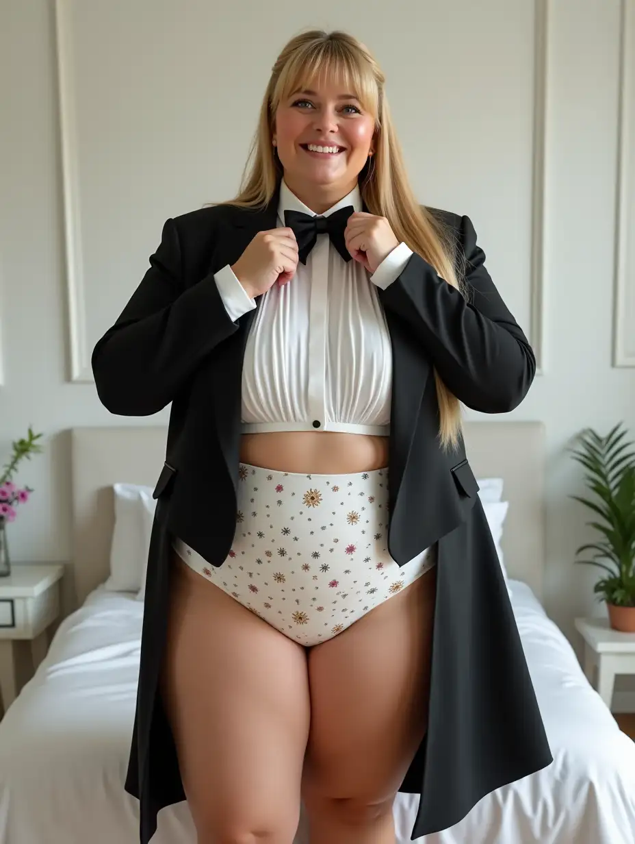 Smiling-Caucasian-Woman-in-Formal-Orchestra-Tuxedo-White-Bedroom-Setting