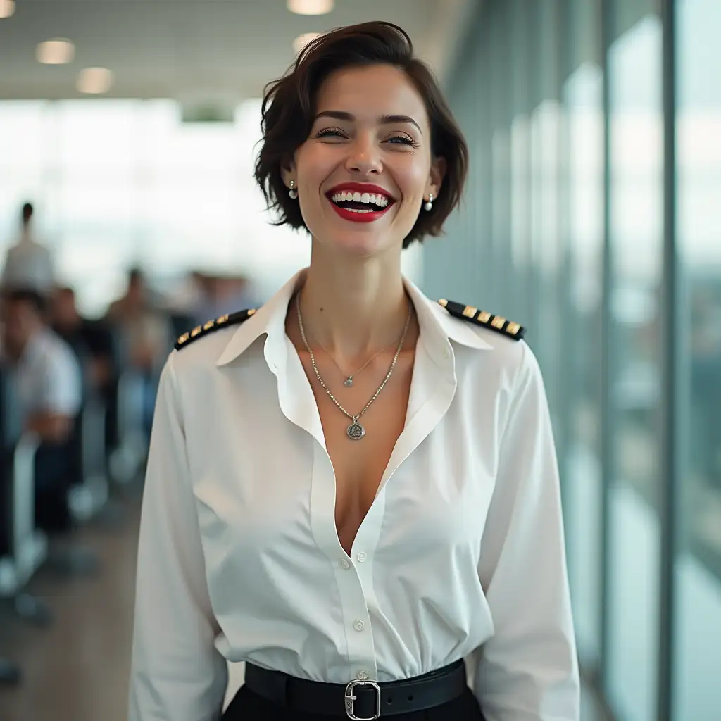 sweden lady , in white deep-necked pilot button shirt, decolte, laughing with her mouth open, red lipstick accentuating her smile,belt on waist, big wide hips, chest are fully grown, jewerly, white buttons visible on shirt, short hair, HD, airport, photo-realism