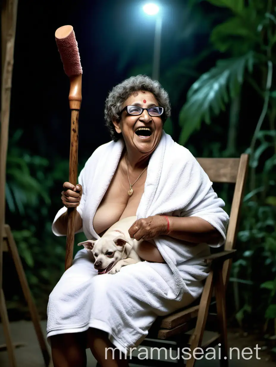 Mature Indian Woman in OffWhite Bath Towel Laughing with Dog in Village Jungle at Night