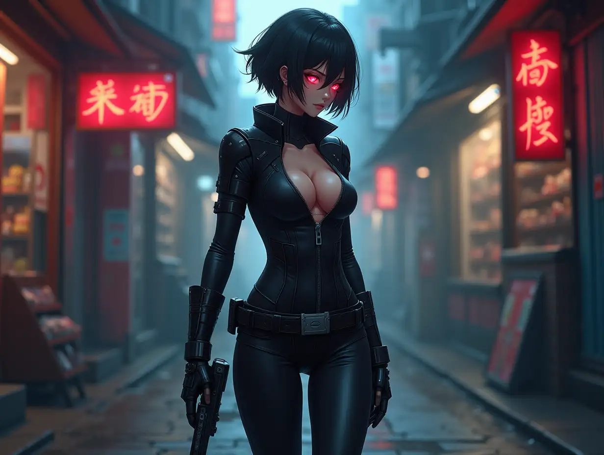 Short hair, mature Asian woman thief cyber runner in a dynamic full-length pose, eyes with red electronic pupils, large breast, extreme skintight body glove zipped down with cleavage, combat boots and combat belt. Full view of her body from boots up, low wide angle. Future store filled city alley street. Anime