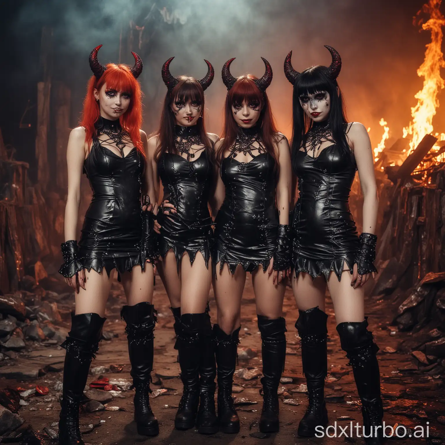 Three young demon++ ladies++ in rave outfits pose for a photo in hell