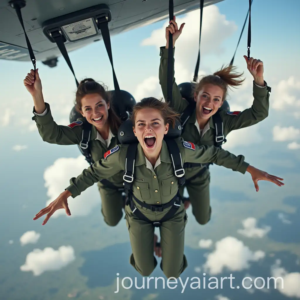 Young-Women-in-Military-Uniforms-Parachuting-from-an-Airplane