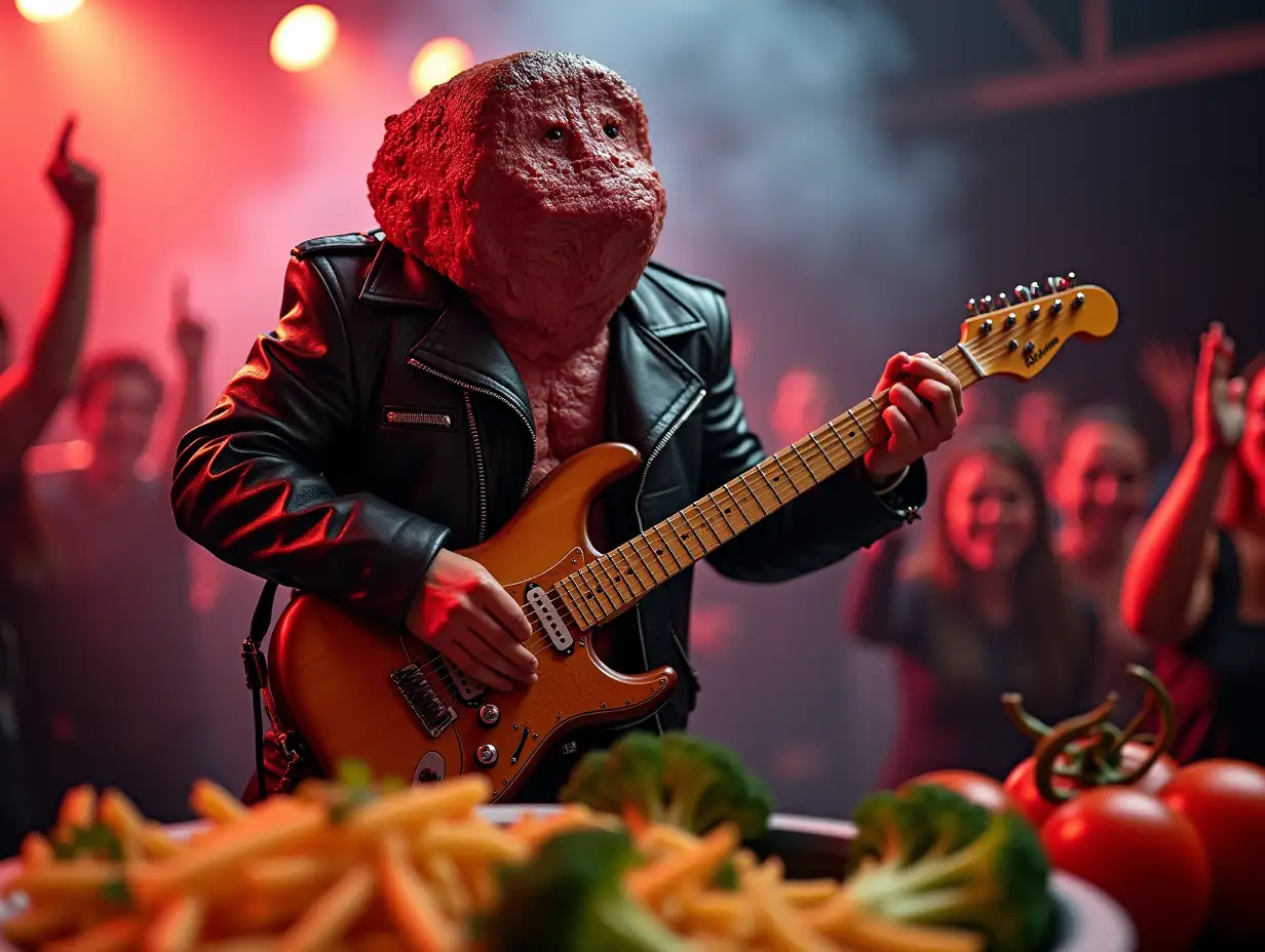 An anthropomorphic beef steak with a characteristic meat skin structure - a rock star in a leather jacket playing an electric guitar on stage- spaghetti, enthusiastic cheers from the audience consisting of French fries, broccoli, eggplant, tomatoes, neon lights, smoky atmosphere, a humorous gastronomic concert.