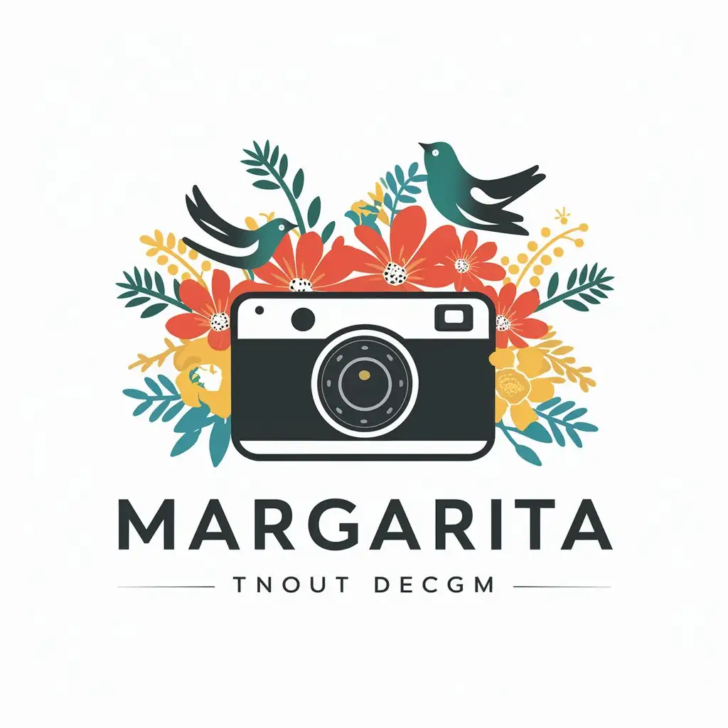 a vector logo design,with the text "Margarita", main symbol:camera, flowers, birds,Moderate,be used in Others industry,clear background