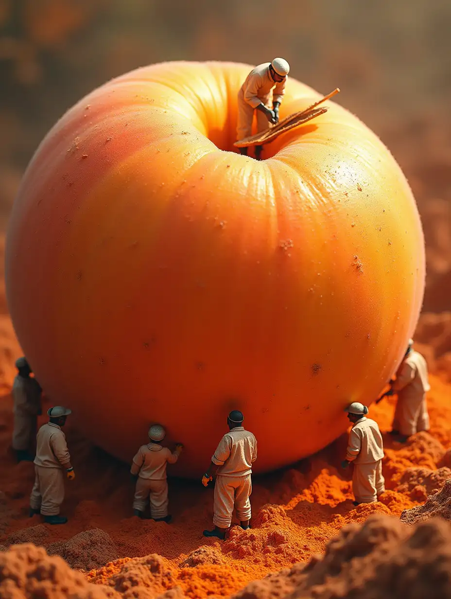 I want a nano photo of a giant peach with a lot of workers extracting the fragrance from it.