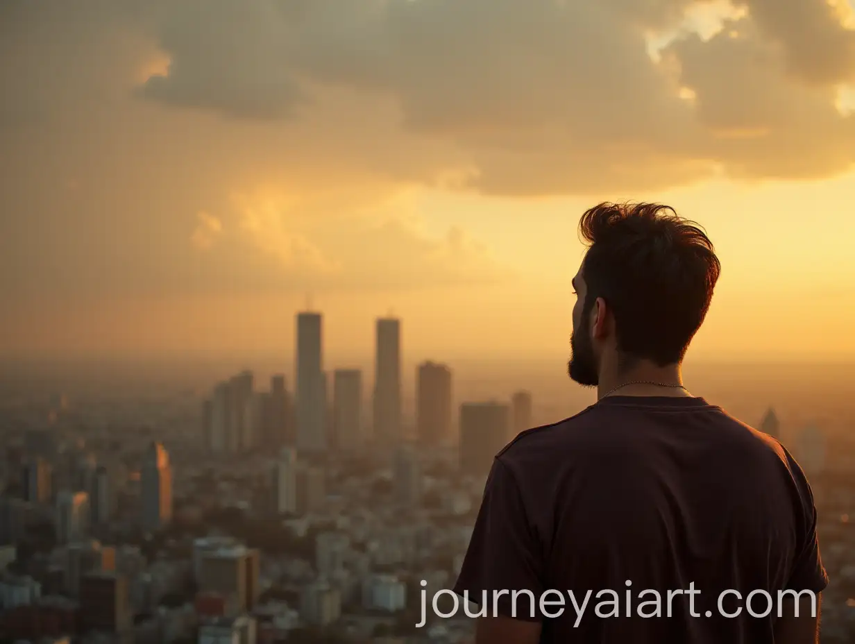 Frustrated-Man-Observing-the-Bustling-City-with-Divine-Sky-in-the-Distance