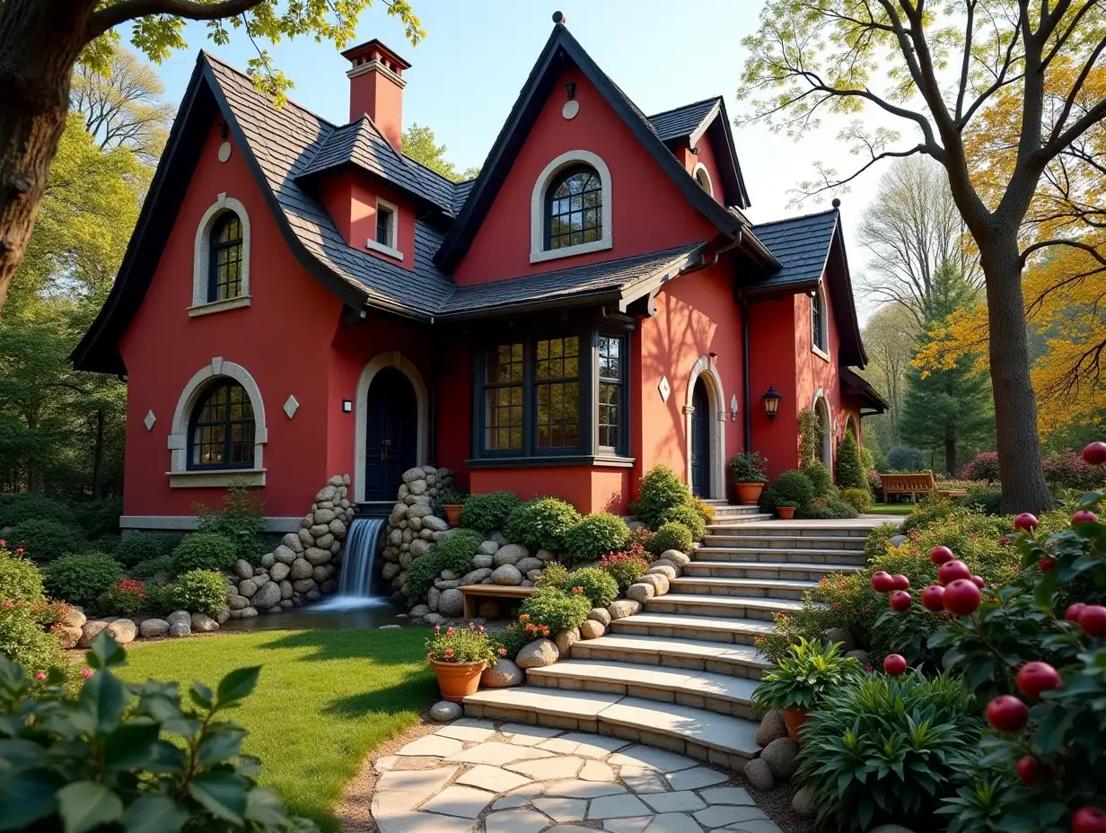 crooked house garden -with red stucco with white ornaments in the form of circles black roof, large windows with glass, curved, rough window shapes, winding grand entrance stairs made of marble a small waterfall complex curved roof, lanterns, bench apple tree 4K resolution colorful superwide-angle shots