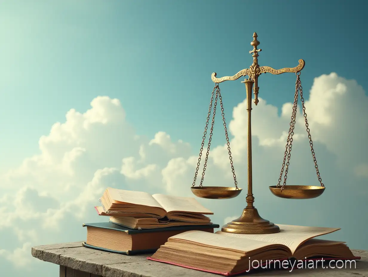 Floating-Legal-Papers-and-Old-Books-with-Sky-Background-Featuring-Scales-of-Justice