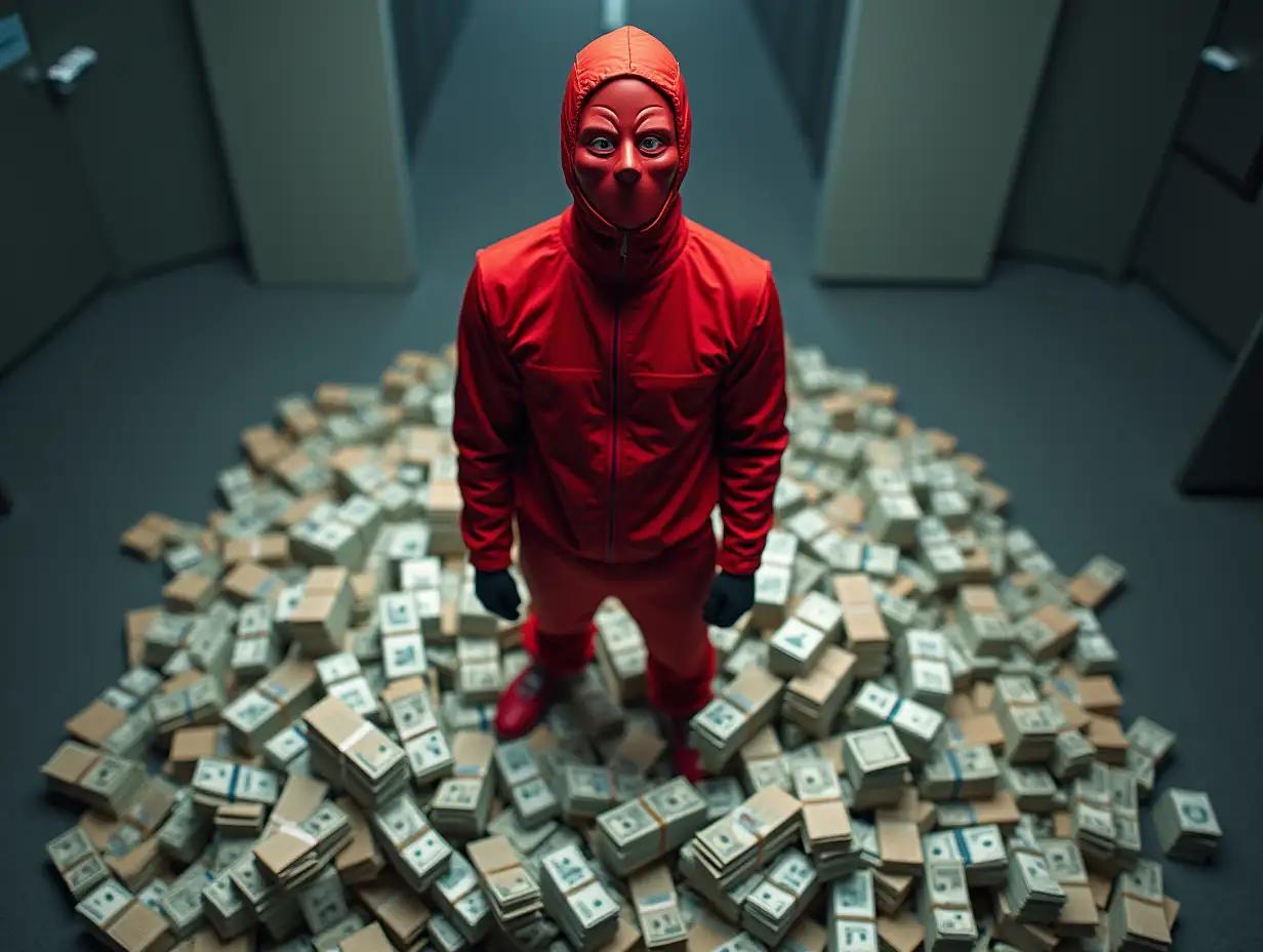 Masked-Man-in-Red-Jumper-on-Mountain-of-Cash-from-Money-Heist-Perspective