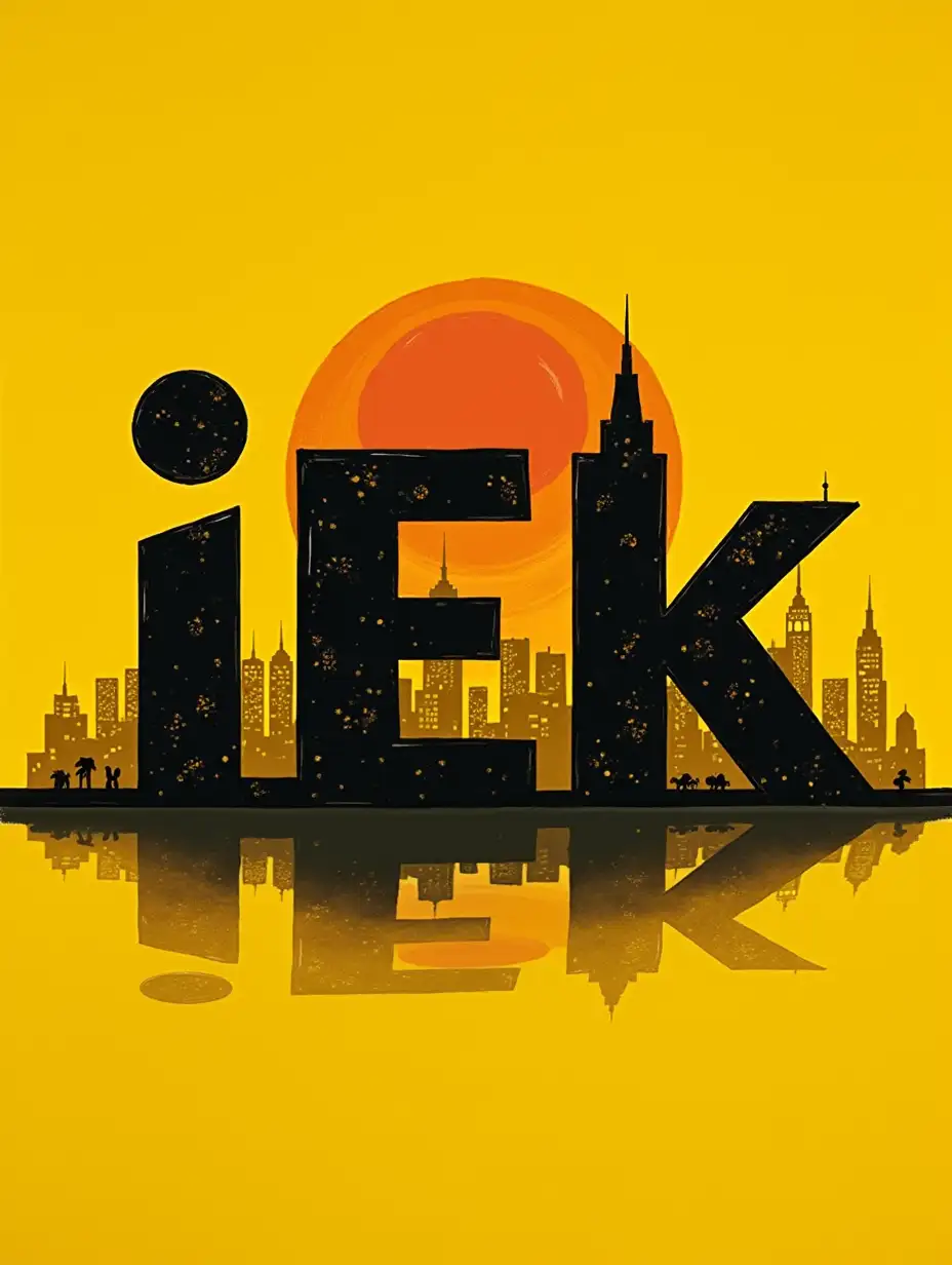 a yellow and black poster with the word 'iEK' in the middle of it and a city skyline in the background, kodak, serial art, poster art, Dom Qwek