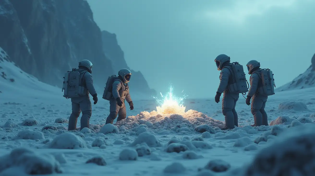 A team of astronauts uncovering a mysterious alien artifact in a desolate, icy landscape. The artifact glowing with unknown energy, surrounded by eerie silence.