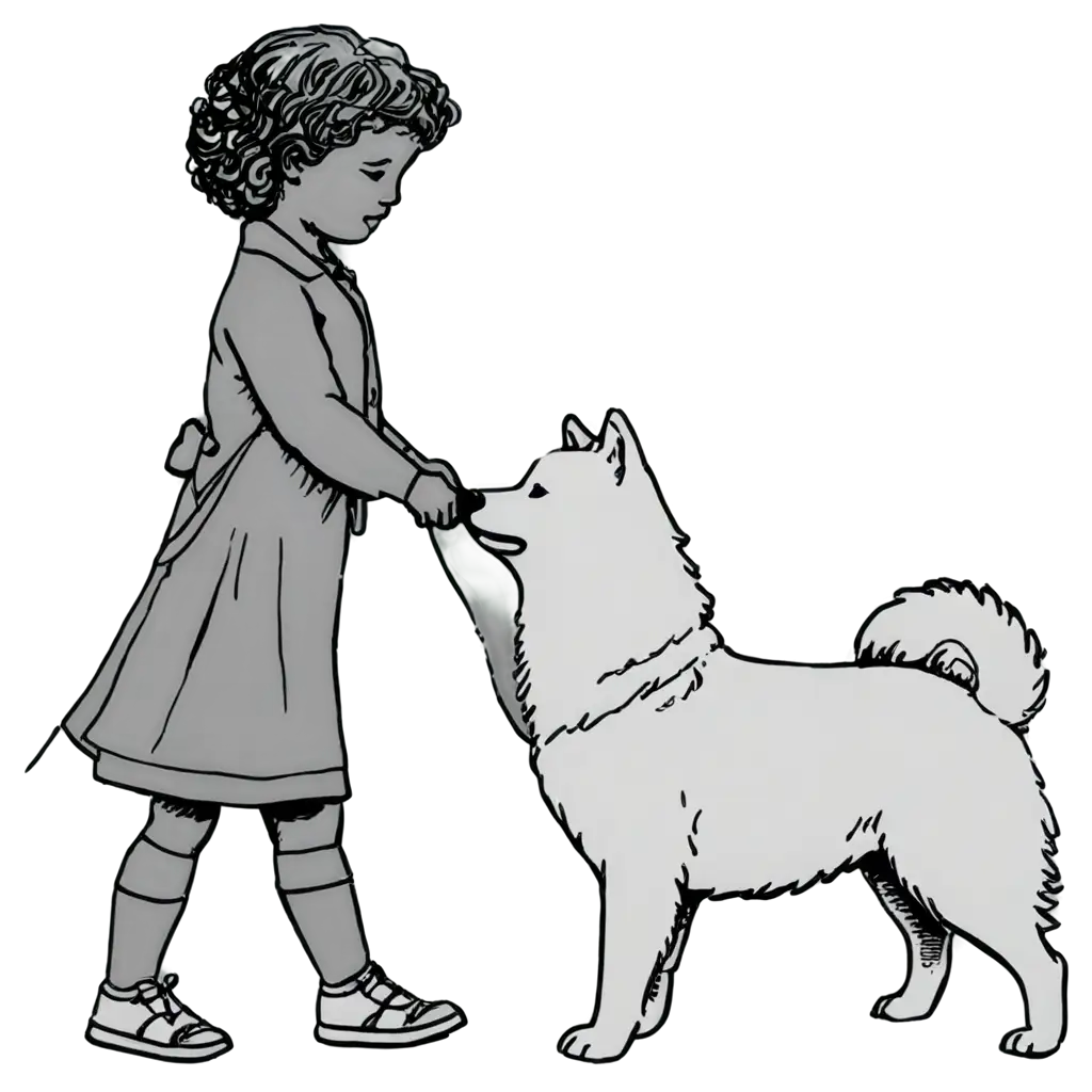 SEOFriendly-Black-and-White-PNG-Drawing-of-a-Female-Toddler-with-a-Samoyed-Dog