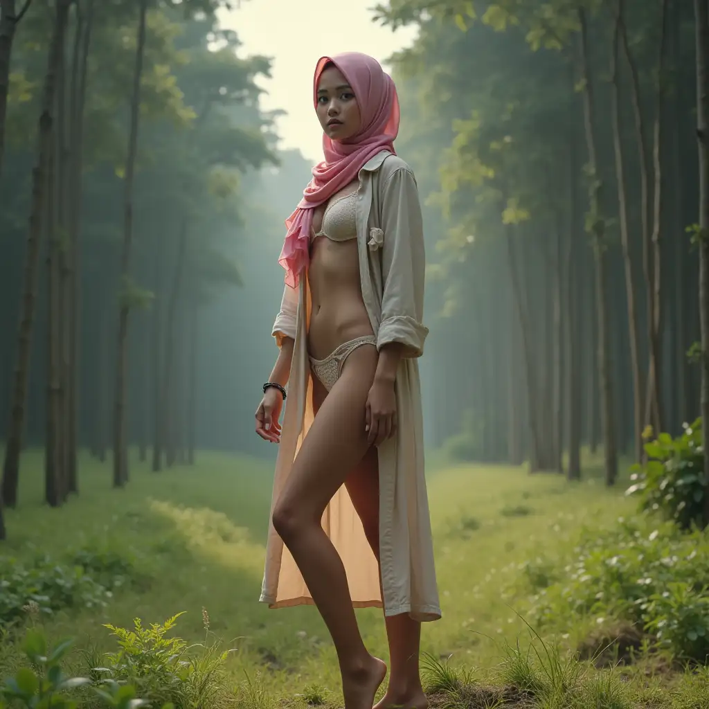 Indonesian-Woman-in-Bikini-and-Office-Shirt-in-a-Forest-Setting