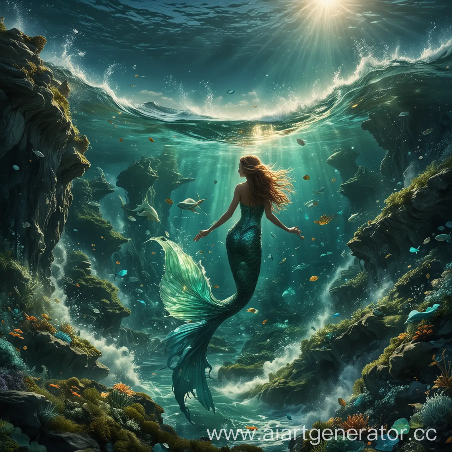 Enchanting-Mermaids-in-a-Sunlit-Turquoise-Sea