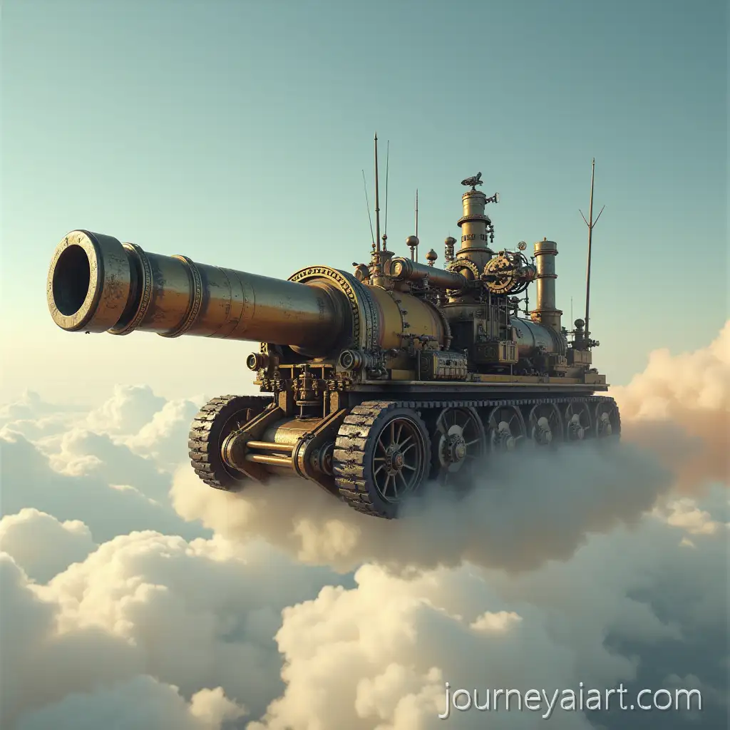 Steampunk-Cannon-Floating-on-a-Small-Cloud-Above-Ground