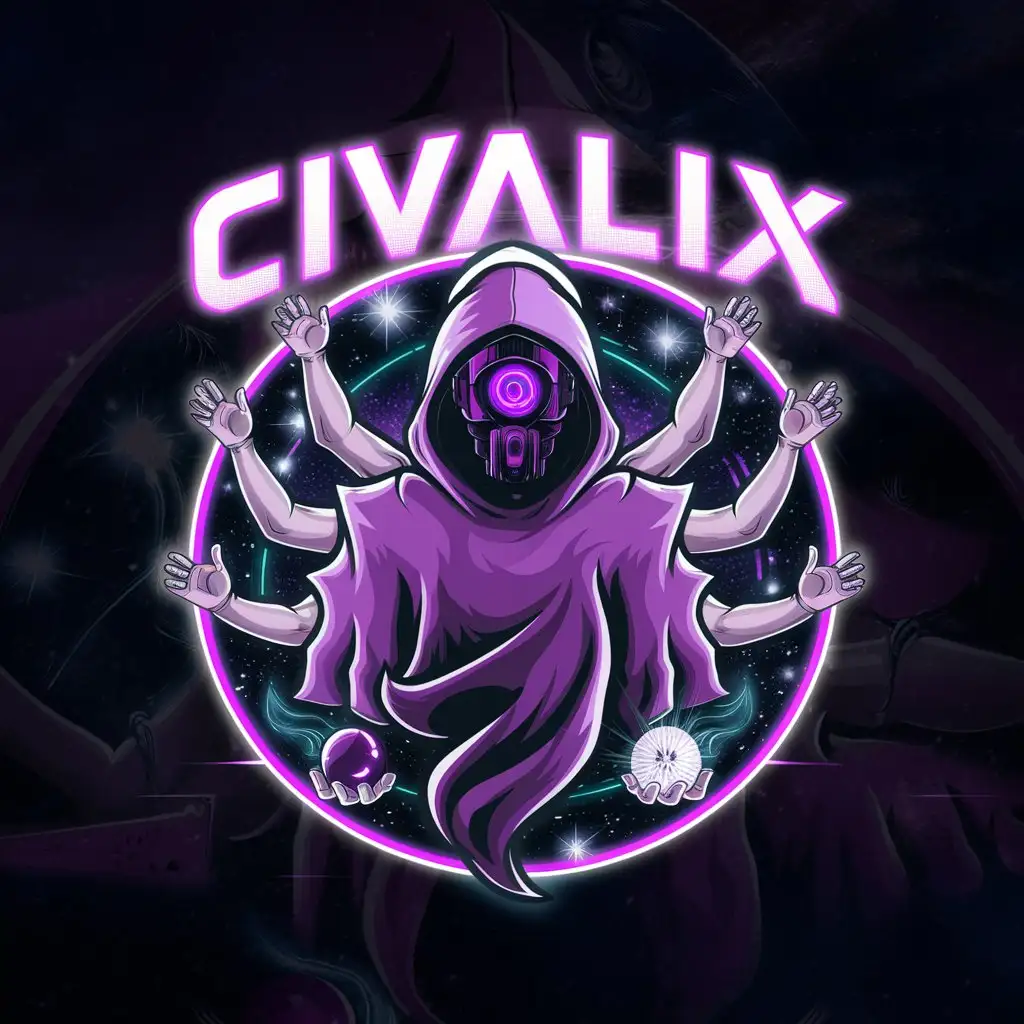 a logo design,with the text "Civalix", main symbol:A figure of a person in a purple cloak, covered with a hood, legs hidden by a long cloak, instead of a head a purple mechanical eye, he has 6 hands, with his fingers he shows different gestures, in one of the hands he holds a white ball, the background is cosmic space, the overall picture is in purple and neon tones,Moderate,clear background