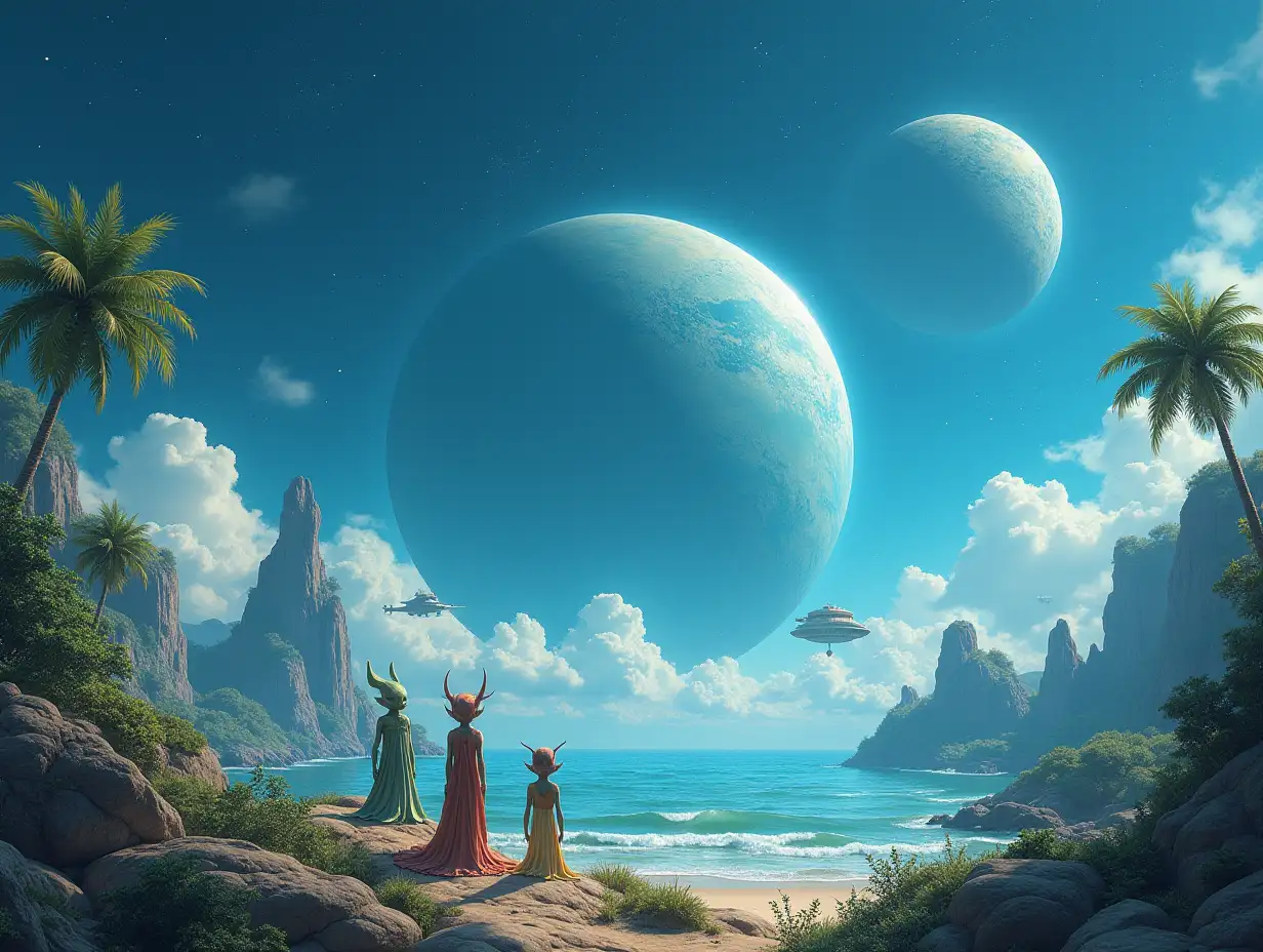 Mythological princess aliens on a large paradise planet with blue sky and moons with spaceship