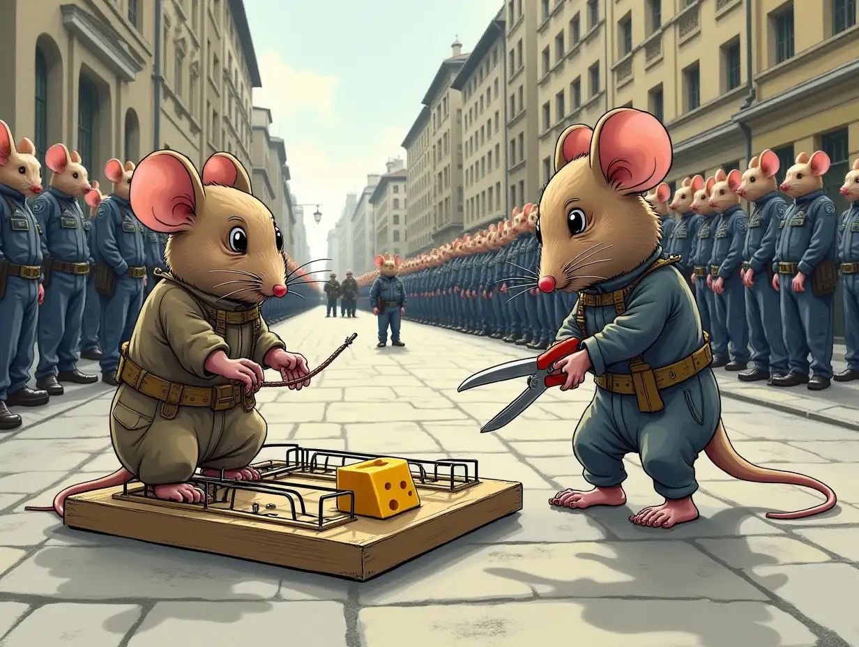 Background - city street. A large mousetrap is standing on the road with a piece of cheese. Next to it stands a mouse in a protective suit of a sapper, in her right hand cutters, with which she bites through the wire on the mousetrap. In the distance behind the fence there is a crowd of human-like mice in civilian clothes, kept by mouse policemen. Nice drawing.