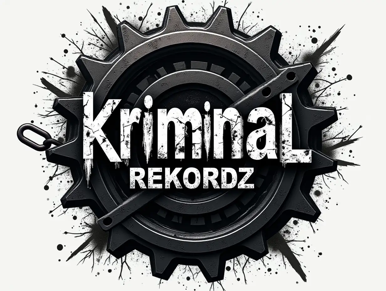 A black and white logo for an underground techno music label called 'Kriminal Rekordz' with an industrial, post-apocalyptic aesthetic. The design should feature sharp, jagged edges, distressed textures, and abstract urban elements like gears, chains, and broken concrete. The typography should be bold and modern, incorporating cracks or grunge effects to convey a gritty, rebellious vibe. The overall design should exude raw energy, reflecting the underground and techno music scene.