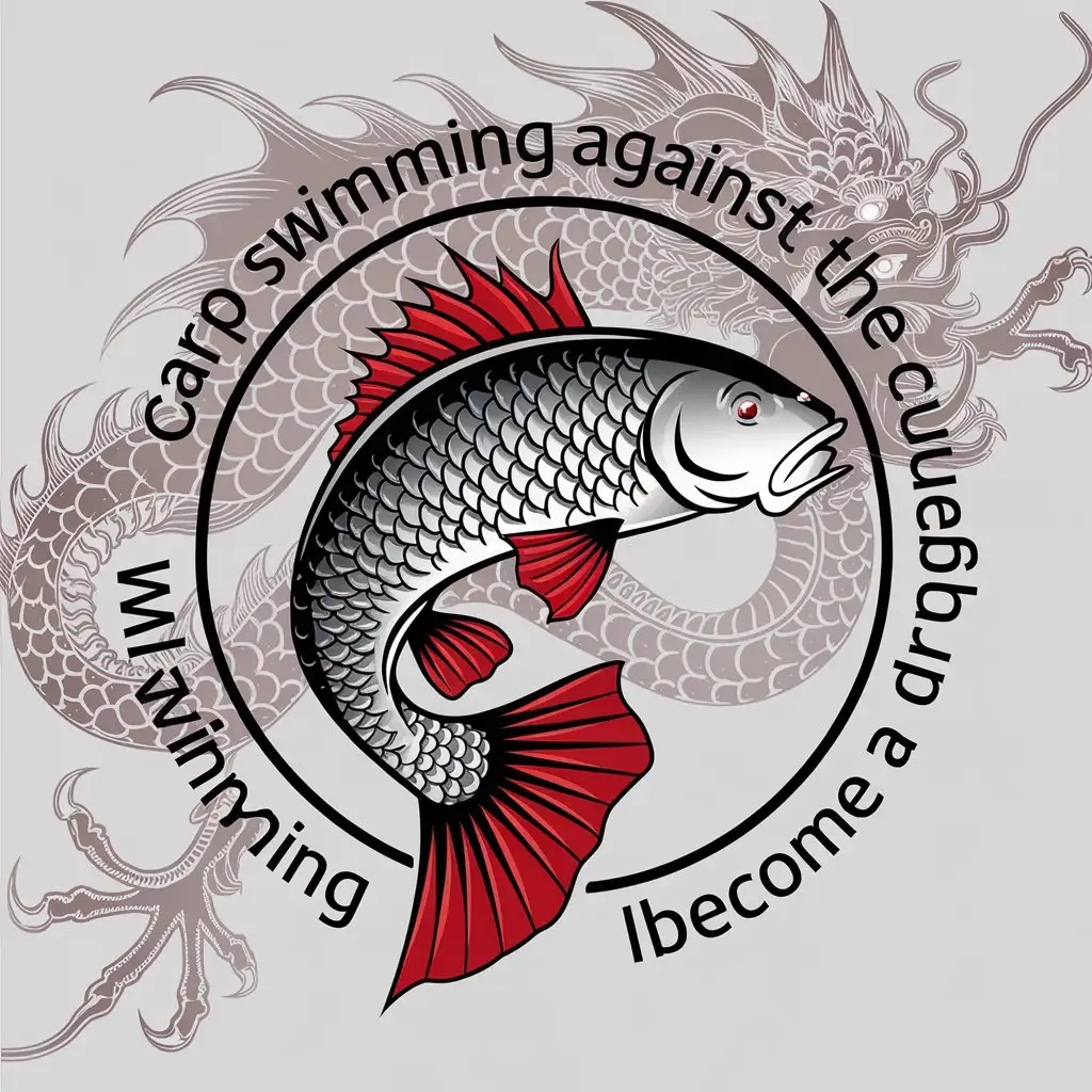 a vector logo design,with the text "A carp swimming against the current will become a dragon.", main symbol:Swimming fish carp heading south. Red fiery fins, red stripes along the scales. In the background reflection of Chinese dragon repeating the contours of carp. Inscription in a circle,Moderate,clear background