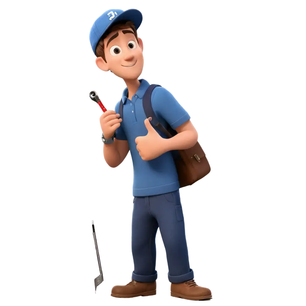 a computer technician with a cap, short buzzed hair, a computer cabinet on the floor, one hand holding a screwdriver and the other making ok sign  the cartoon should have a Pixar style