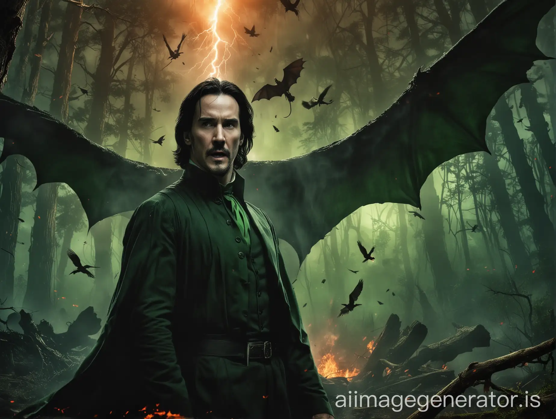 dracula hollywood movie poster, keanu reeves, forest background, lightning object, fire, glowing object, birds in sky, green lightning, flying dragon