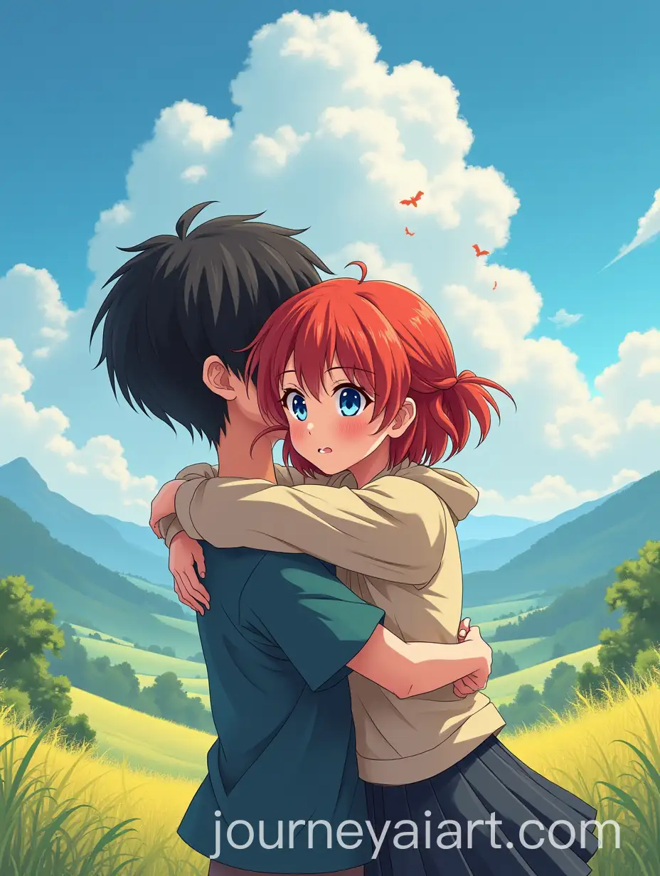 Anime-Book-Cover-Featuring-GirlAI-Art-Prompt-Expansion-with-Red-Hair-Hugging-Boy-with-Black-Hair-in-a-Beautiful-Landscape