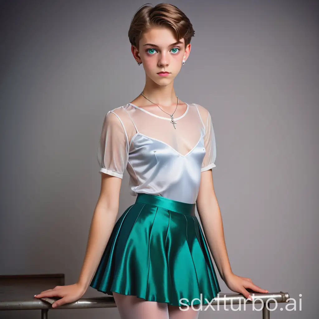 17 year old thin white man, small, flat chested and shaven, with beautiful green eyes, short light brown hair with earrings, a thin silver necklace, wearing a short blue satin skirt, a low cut white satin blouse, sheer stockings and shiny white ballerina shoes, shown in full