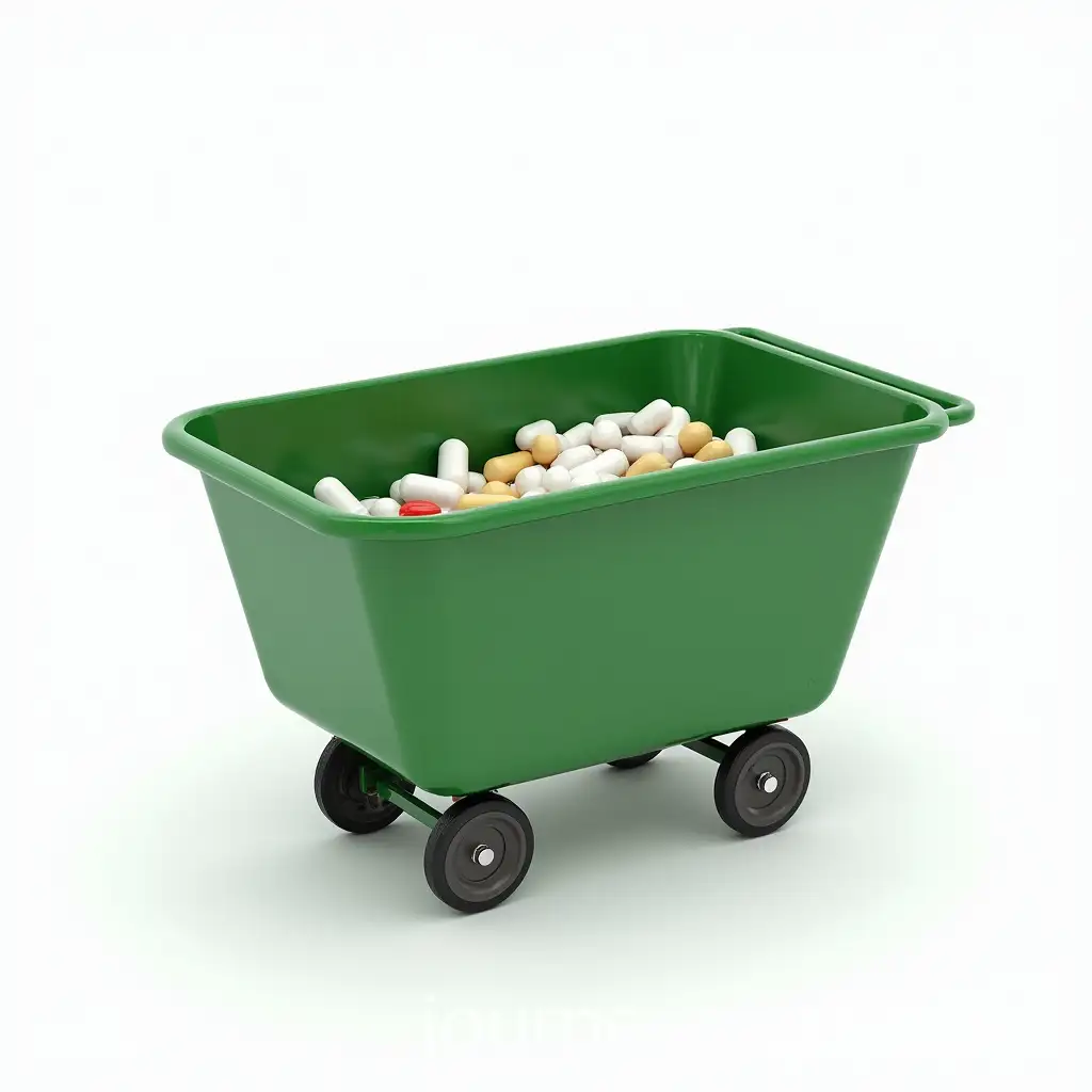Abandoned-Green-Shopping-Cart-with-Pills-on-White-Background
