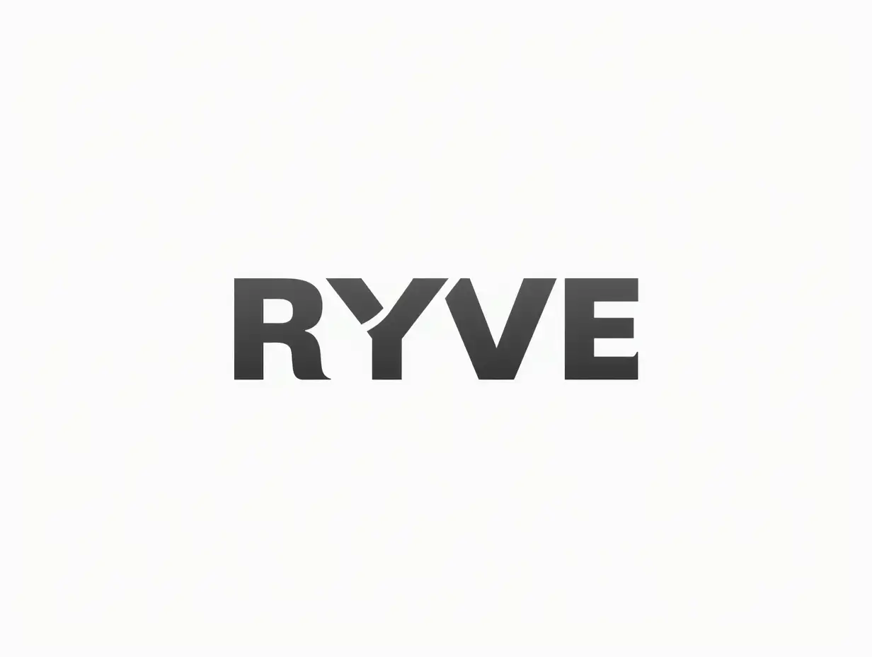 Create a RYVE brand logo in a strict minimalist style similar to the Bork logo. n- **Font**: Geometric sans-serif without serifs, close to Helvetica Neue Bold - clear lines, neutral proportions, slightly compressed letters. n- **Letters**: R, Y, V, E capitalized, monochrome (black/dark gray), with neat rounding of the corners to soften the strictness. n- **Special accent**: Letter Y should be clearly visible, with diagonals at a 45 degree angle and smooth rounding at the point of connection. n- **Composition**: The name RYVE is centered, without additional graphic elements. Maximum contrast between letters and background. n- **Style**: Flat design, matte texture, premium and technological feeling.n  Background - white