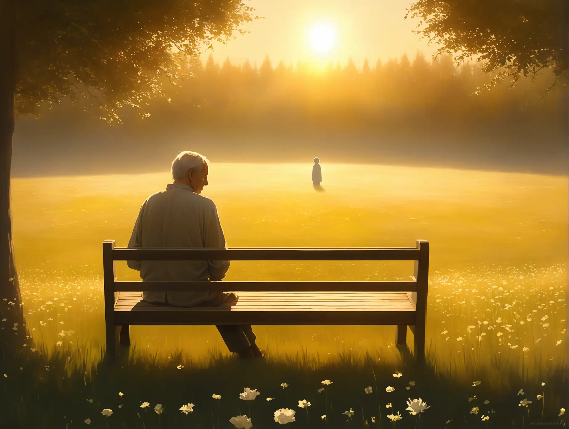 Older-Man-Reflecting-on-Memory-in-Tranquil-Meadow-with-Ghostlike-Child-Figure