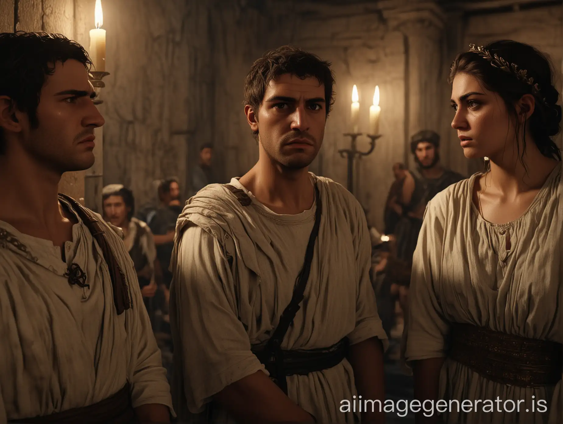 /imagine prompt: Realistic, personality: /imagine prompt: Shot of greek people  looking angry left and right profile Realistic, mid shot in greek historical attire, in a candlelit chamber, . unreal engine, hyper real --q 2 --v 5.2 --ar 16:9. unreal engine, hyper real --q 2 --v 5.2 --ar 16:9