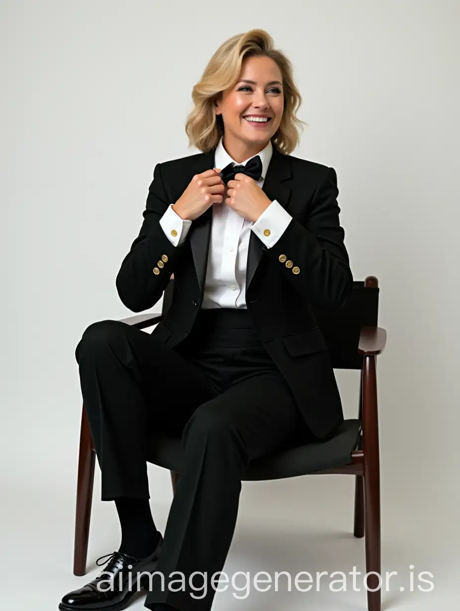 Blonde-Female-Movie-Actress-in-Formal-Black-Tuxedo-and-Oxford-Shoes