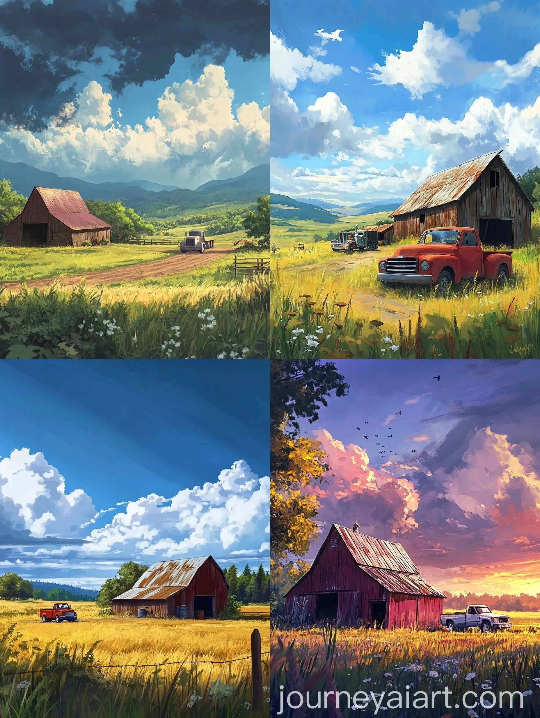 Serene-Countryside-Landscape-with-Anime-Barn-and-Parked-Truck
